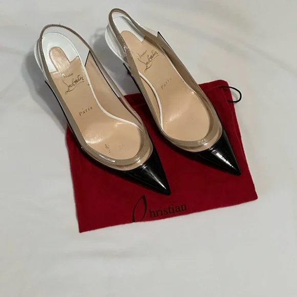 Christian Louboutin Paulina Sling 100 Patent/PVC Black, Nude, and White Heels - Picture 2 of 12